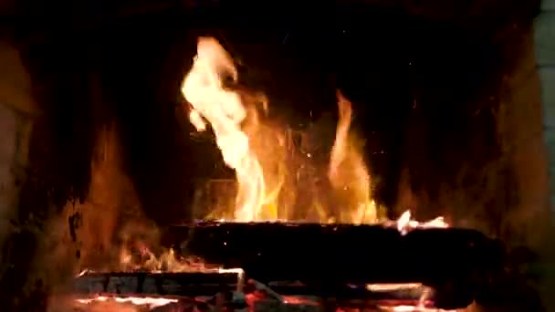 Add Tossing Logs Fire Burning Flames Close Fireplace Flames Heat — Stock Video