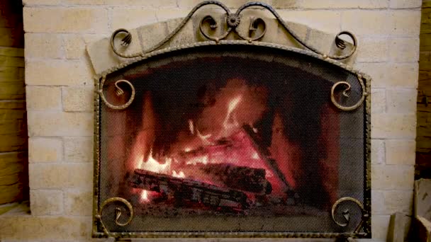 Wood Stove Burning Firewood Log Fire Burning Fireplace Real Wood — Vídeos de Stock