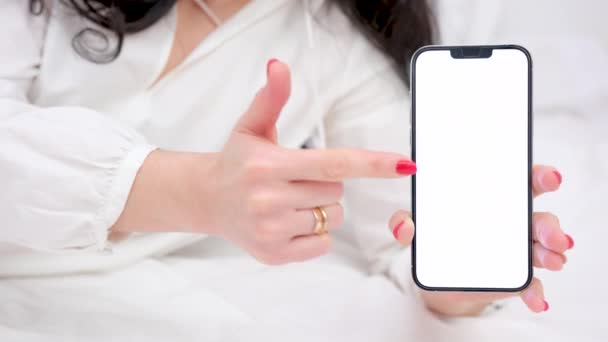 White Mobile Phone Screen Blank Space Advertising Text Woman Showing — 비디오