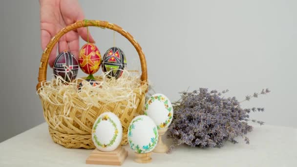Easter Wicker Basket Pastel Eggs Happy Holiday Celebration Blue Background — Vídeo de Stock