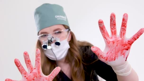 Terrifying Video Doctor Hands Blood Gloves Which Blood Drips Doctor — Stock Video