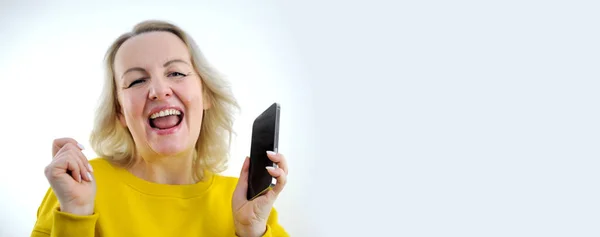 Banner Satisfied Happy Woman Dancing Laughing Her Mouth Open White — Stock Photo, Image