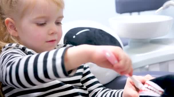 Küçük Kız Dişlerini Nasıl Fırçalayacağını Diş Fırçasıyla Pisliğini Temizlemeyi Öğreniyor — Stok video