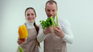 banner for grocery store advertising vegetables fruits two people in aprons smiling bought great products joy comfort convenience groceries home delivery billboard postcard advertising space for text