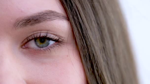 Podívej Zblízka Zelené Oko Dívky Namalovanými Řasami Přírodní Obočí Oči — Stock video