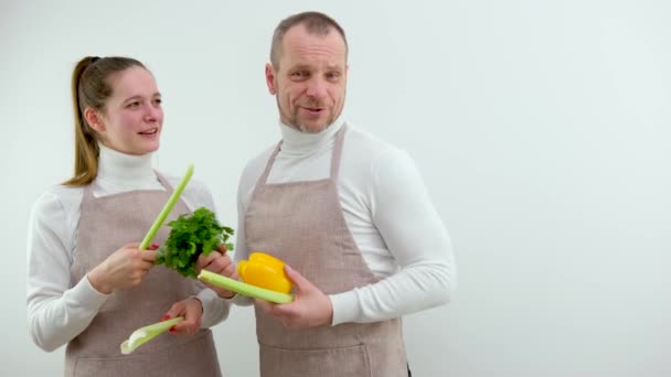 Banner Grocery Store Advertising Vegetables Fruits Two People Aprons Smiling — Stockvideo