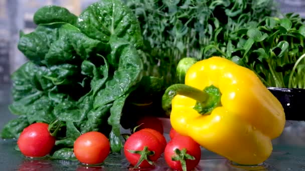 新鮮なカラフルなピーマンとサラダの葉野菜や水のドロップのクローズアップショット サイドパノラマドリーショット 高画質映像 — ストック動画