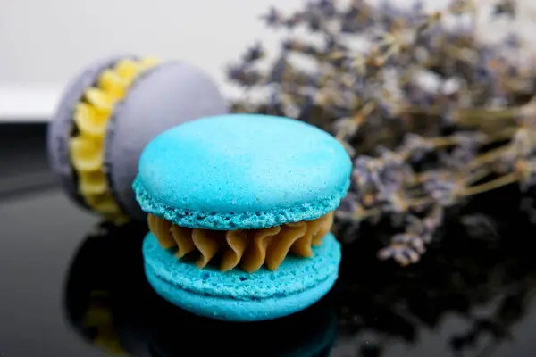 Macaron Gris Monochrome Macaron Sur Fond Béton Biscuits Aux Amandes — Photo