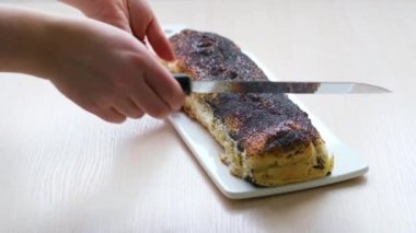 strudel with apples sprinkled with poppy seeds on white flat plate and light background no other ingredients clean space for your text delicious food cooking homemade baking products healthy food