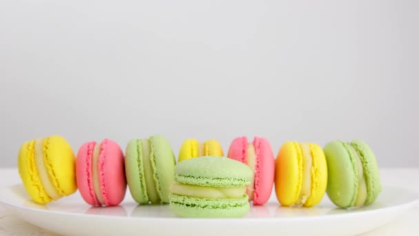 Lot Multi Colored French Macaron Desserts Stand Plate White Background — Stock Video