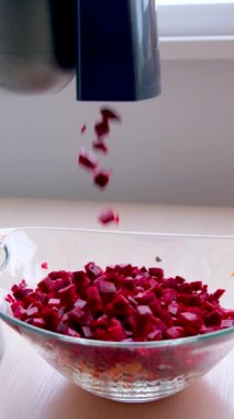 food processor cut cubes cut into small squares carrots and beets in food processor slow motion video falling into a glass plate cooking ukrainian borscht borsch borscht olivier vinaigrette
