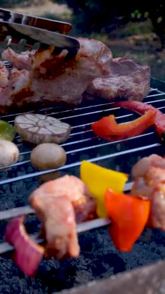 グリルスローモーションショットで肉や野菜 高品質のフルHd映像 — ストック動画