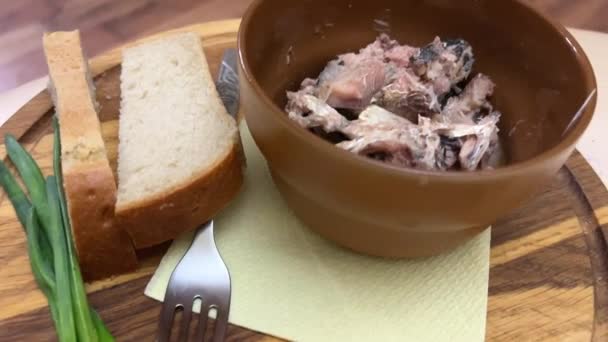 Fork Takes Canned Preserved Tuna Fish Meat Selective Focus High — Stock Video