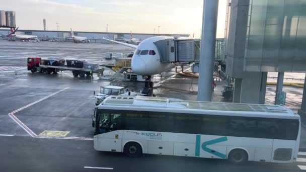 パリの飛行機の飛行場空港に特殊車の荷物をロードする2023 — ストック動画