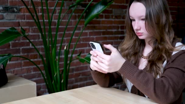 女の子ティーネージャー電話の暗いレストランで友人とチャットカフェでのニュースオンライントレーニングを読む情報茶色の服のためのソーシャルネットワークを検索長い髪 — ストック動画