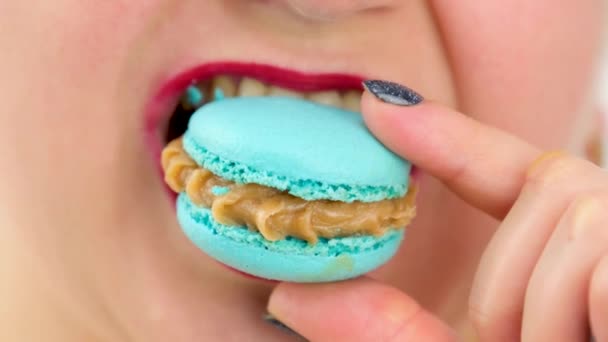 Fat Beautiful Woman Red Lips Biting Blue Cheese Macarons White — Stock Video