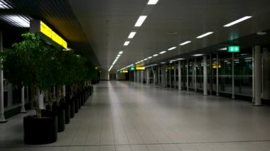 Schiphol Havaalanı, Hollanda 2023 Coronavirus salgını nedeniyle Schiphol Amsterdam havaalanı terminalindeki boş kaldırım ya da yürüyüş yolu çok temiz yüzeyler ve sessizlik dışında kimse yok.