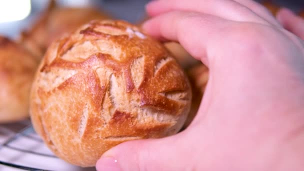 Schöne Zeichnung Auf Frisch Gebackenem Brötchen Brotprodukt Den Händen Einer — Stockvideo