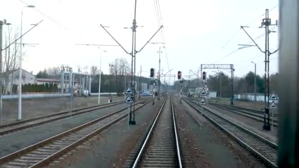 Treno Parte Przemysl Varsavia Passa Vari Villaggi Primavera Inverno Senza — Video Stock