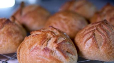 Fırında taze ciabatta. Ekmek ve eko üretim üretim süreci çok sıkı çalışıyor. Pastane ve rooty satışı. Fırında İtalyan biyo-ekmeği pişirmek. Yemek pişirme görüntülerini hızlandırın