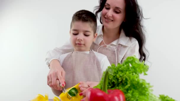 Mãe Filho Preparando Comida Cozinha Juntos Foto Alta Qualidade — Vídeo de Stock