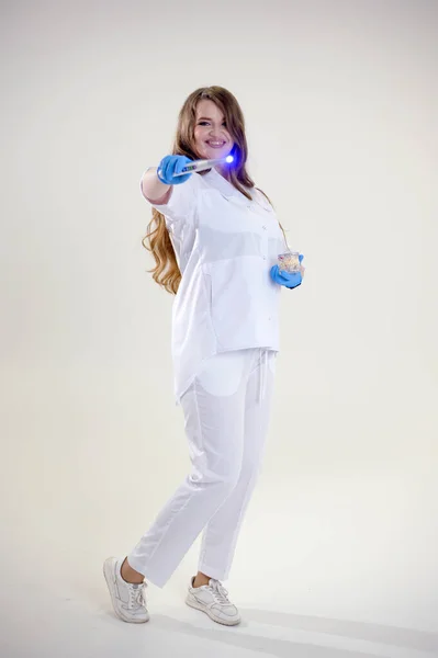 Doctor Magic Wand Blue Latex Gloves Woman White Medical Suit — Stock Photo, Image