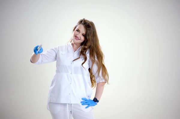 Doctor Con Una Varita Mágica Guantes Látex Azul Mujer Traje — Foto de Stock