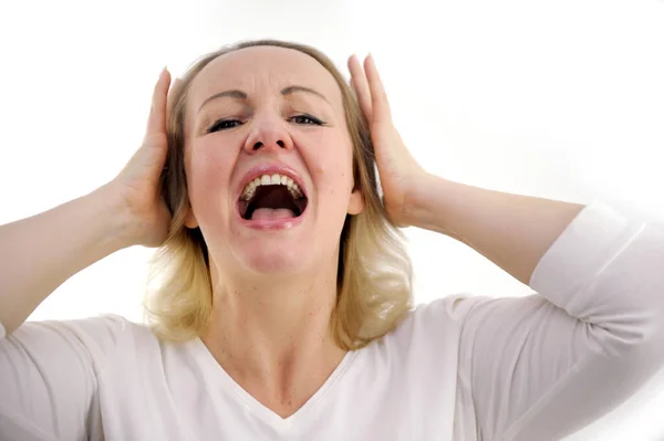 Want Hear Closeup Portrait Upset Tired Woman Screaming Loud Close — Stock Photo, Image