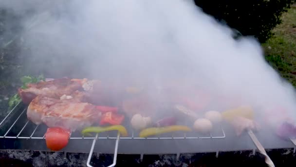 Vastag Fehér Füst Származik Sült Darab Shish Kebab Felfűzve Nyársak — Stock videók