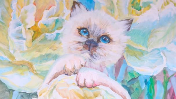 花を背景に青い目の白い猫の絵を描く水彩画では青ターコイズ色が勝つ油彩画で壁絵を描く — ストック動画