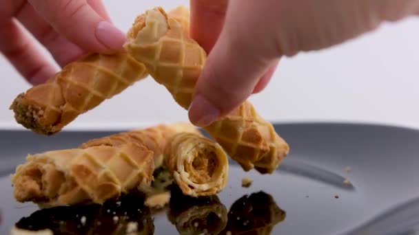Wafer Rolls Home Baked Dessert Cookie Female Hands Break Homemade — Stock Video