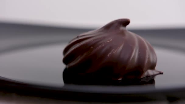 Woman Hand Takes One Marshmallow Chocolate Plate Two Delicious Desserts — Stock Video