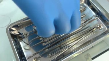 Tepsideki dişçi cerrahi aletleri. Gümüş metal mavi eldiven. Forseps, poliklinik doktoru diş hekimi.