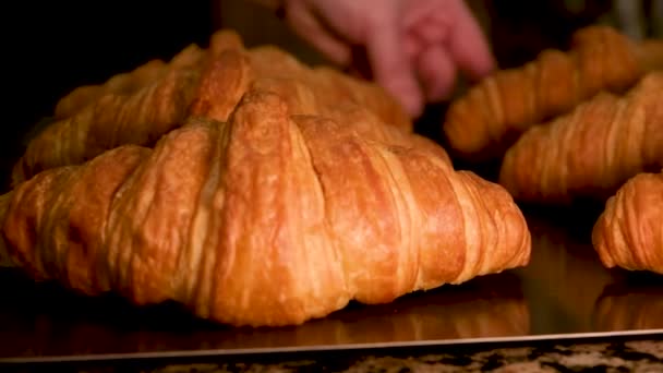 焼き板の上のおいしいクロワッサン女性の手は 軸の周りにそれらを回す目に見えるライトグリッター食欲をそそるレストランのプロのシェフベーキングパンの朝食黒の背景フランス語 — ストック動画