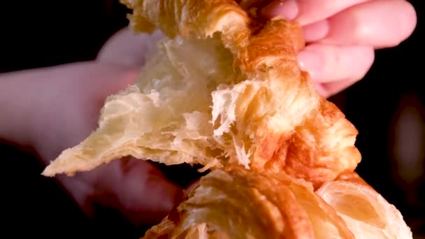 Comer Croissant Recién Horneado Primer Plano Fotografía Estudio Imágenes Alta — Vídeos de Stock