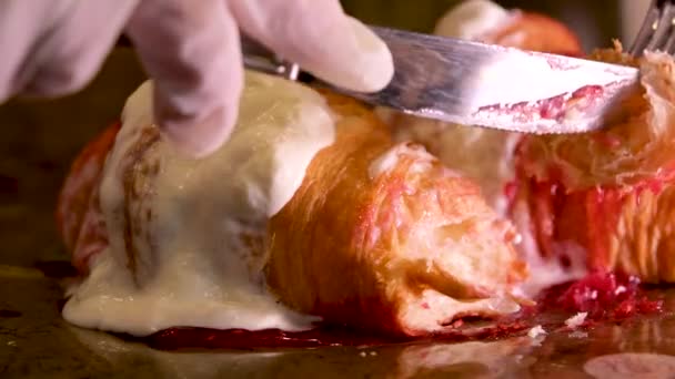 Cut Piece Croissant Smeared Raspberry Jam Whipped Cream Hands White — Stock Video