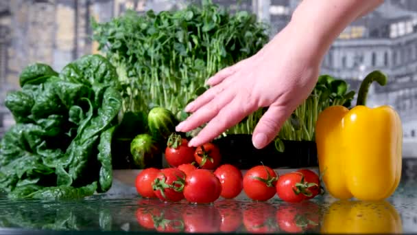 Mulher Preparar Salada Vegan Cru Fresco Microgreens Legumes Uma Mão — Vídeo de Stock