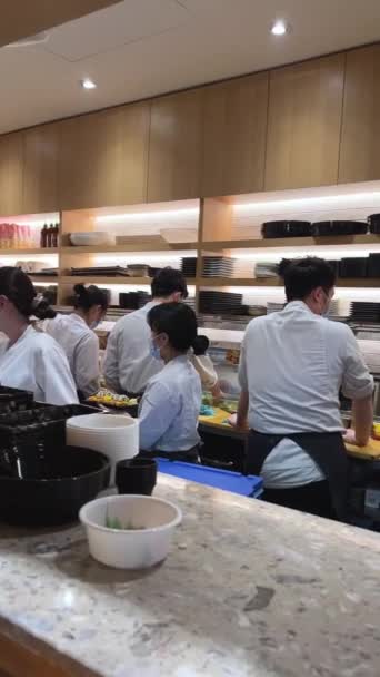 Cooks Sushi Restaurant Waiting Order All Masked People Unrecognizable People — Stock Video