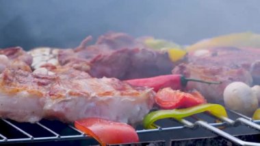 barbecue cutlets look very tasty cooked for a hamburger on a hot open fire on the grill turns over with a spatula after each turn the fire flares up and creates slow motion video for any restaurant.