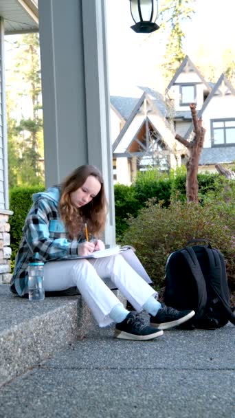 Teenager Girl Does Homework Porch House She Writes Pencil Large — Stock Video