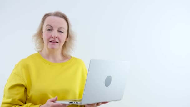 Discontented Woman Swears Broken Slow Computer Seated Desk Look Device — Stock Video