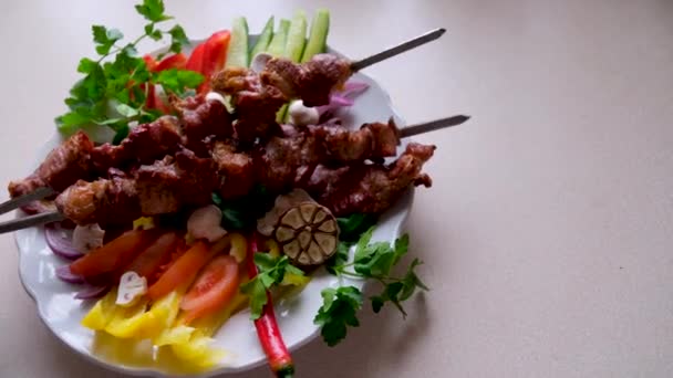 Dos Pinchos Ponen Plato Tanto Que Cocinan Con Kebabs Carne — Vídeos de Stock