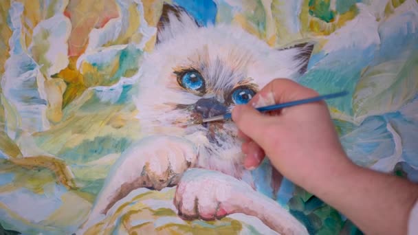 Χέρι Ζωγραφισμένο Όμορφο Χαριτωμένο Χρώμα Γάτα Τέχνη Υψηλής Ποιότητας Πλάνα — Αρχείο Βίντεο