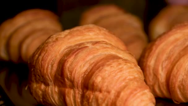 Flickan Tar Färska Croissanter Ugnen Brickan Handgjord Croissant Kök Bakad — Stockvideo