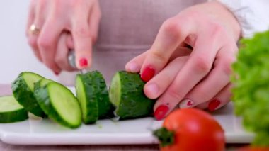 Sevgi dolu anne kızına sebze salatası pişirmeyi öğretiyor, önlüklü küçük kız elinde bıçakla tahta tahtada salatalık kesiyor anne gururlu görünüyor aile tarifleri ve deneyimleri paylaşıyor, hobi yapıyor.