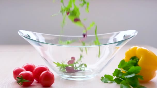 Super Slow Motion Shot Flying Cuts Colorful Vegetables Water Drops — Stock Video