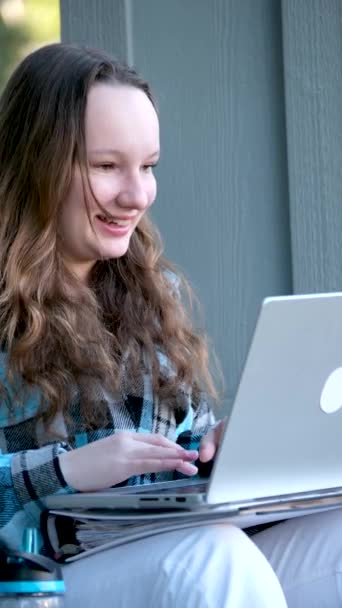 Contented Happy Teenage Girl Talking Online Conference Laptop Hands Outdoors — Stock Video