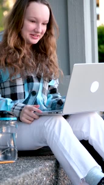 Confident Smiling Woman Works Outdoors Types Laptop Student Does Her — Stock Video