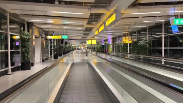 Amsterdam Geceleri Boş Bir Havaalanı Pencere Kenarına Dikilen Yürüyen Merdivenler — Stok video