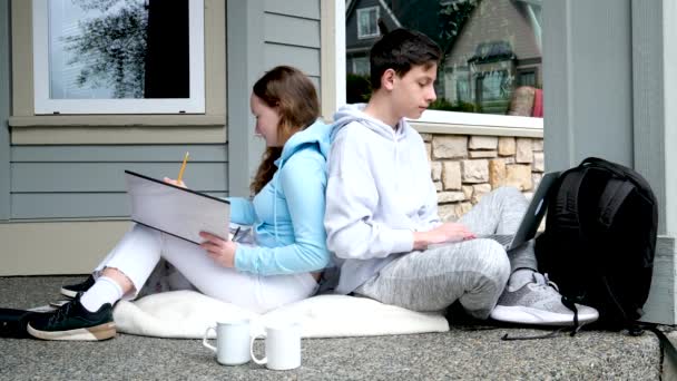 Cheating Exam Boys Teenage Girls Sitting Porch Backs Turned Each — Stock Video